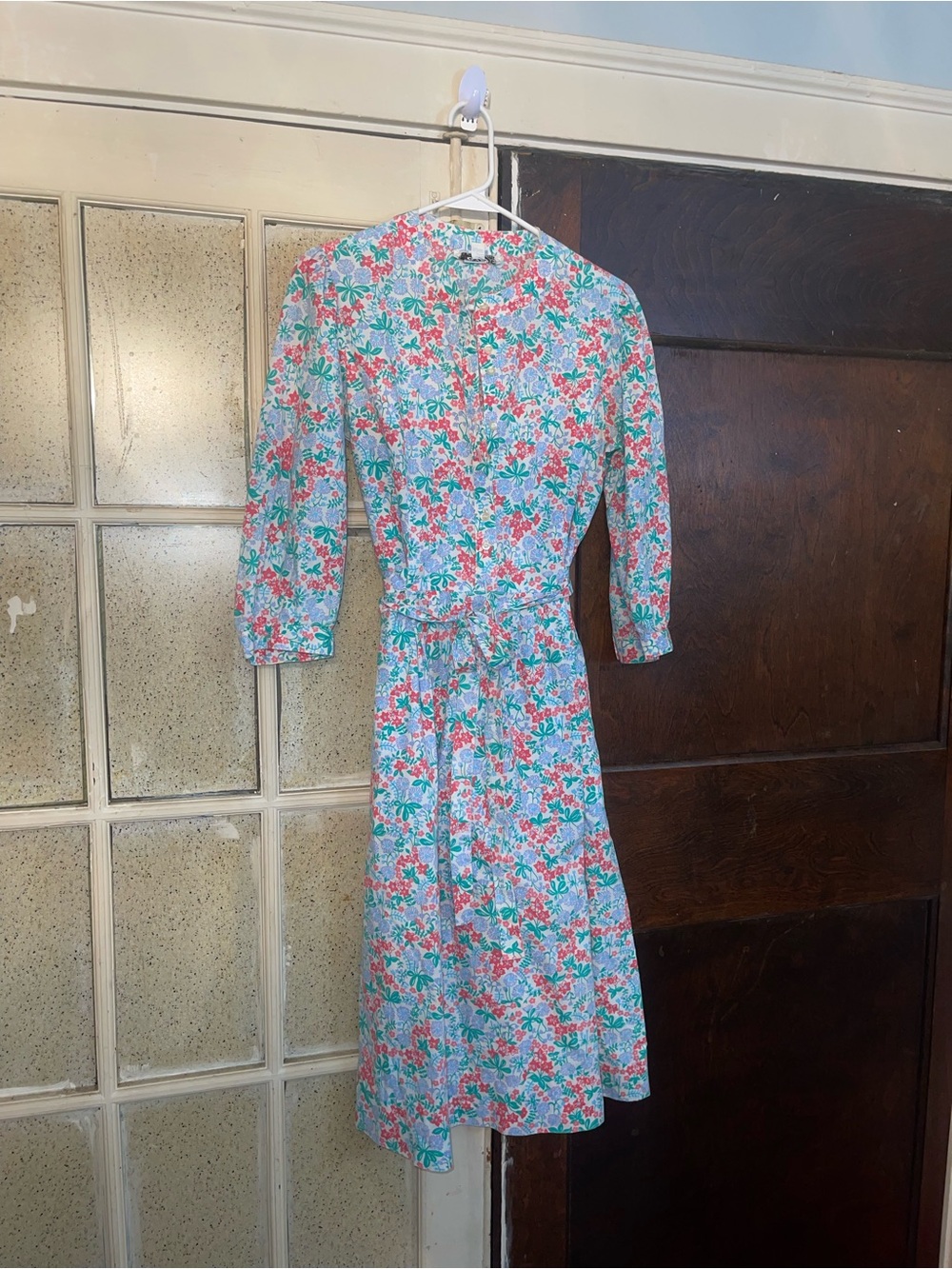 Vintage Talbots Floral Tie-Waist Midi Dress in Light Blue and Coral - Size 10